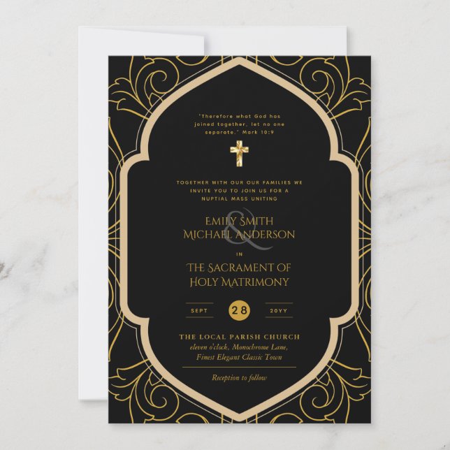 Black Guld Ornate Catholical Nuptial Mass Bröllop Inbjudningar (Framsida)