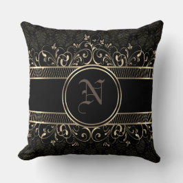Black & Guld Ornate Gothic Monogrammed Kudde