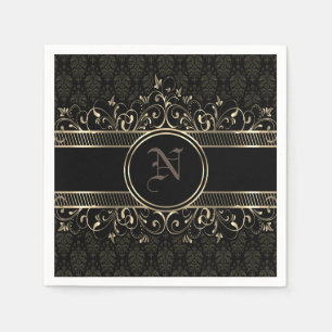 Black & Guld Ornate Gothic Monogrammed Pappersservett