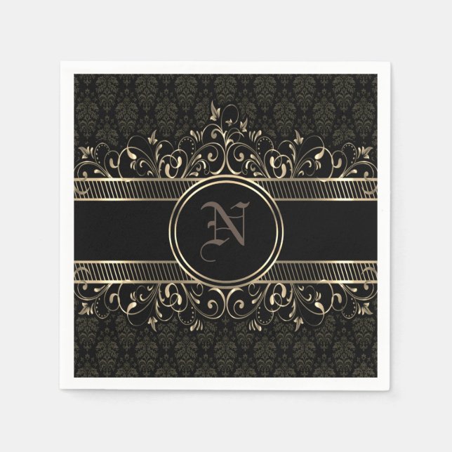 Black & Guld Ornate Gothic Monogrammed Pappersservett (Framsidan)