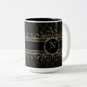 Black & Guld Ornate Gothic Monogrammed Två-Tonad Mugg