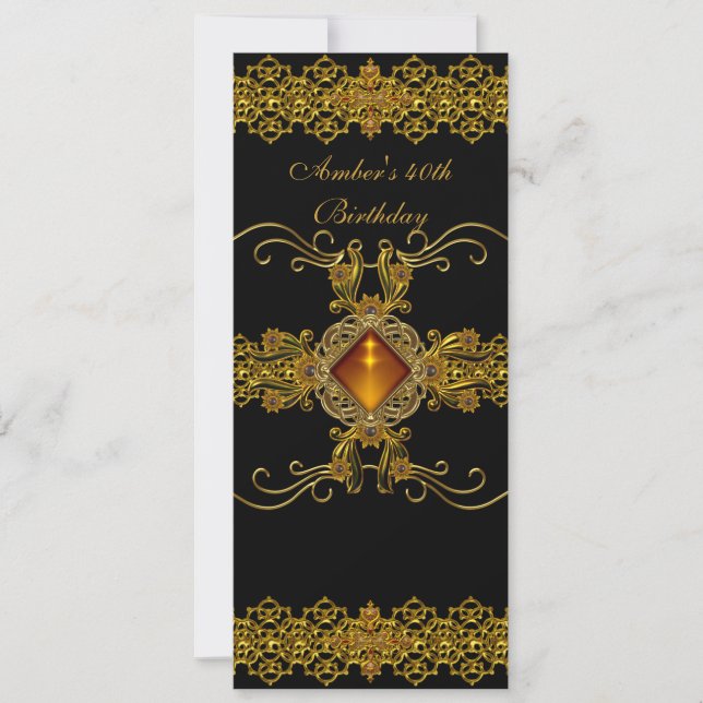 Black Guld Ornate Jewel 40:e födelsedagen Party Inbjudningar (Framsida)