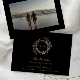 Black Guld på Ebony Botanical Monogram Bröllop Spara Datumet