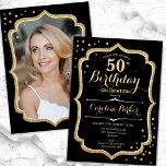 Black Guld Photo 50:e födelsedagen Inbjudningar<br><div class="desc">Elegant 50-årsinbjudan med ditt foto på baksidan av kortet. Glam svart design med faux glitter guld. Har skript-typsnitt och -konfiguration. Perfekt för en snyggt vuxen under firande party. Anpassa med dina egna detaljer. Kan anpassas för vilken ålder som helst! Skrivna Zazzle-inbjudningar eller digital utskrivbar mall för omedelbar nedladdning.</div>
