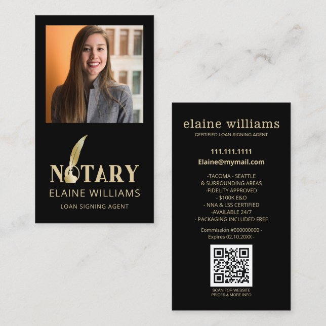 Black Guld Photo QR Notary Loan Signing Agent Visitkort (Fram/baksida)