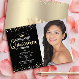 Black Guld Photo Quinceañera Glitter Tiara Girly Inbjudningar