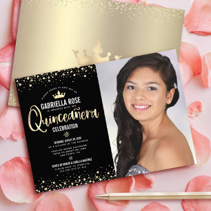 Black Guld Photo Quinceañera Glitter Tiara Girly Inbjudningar