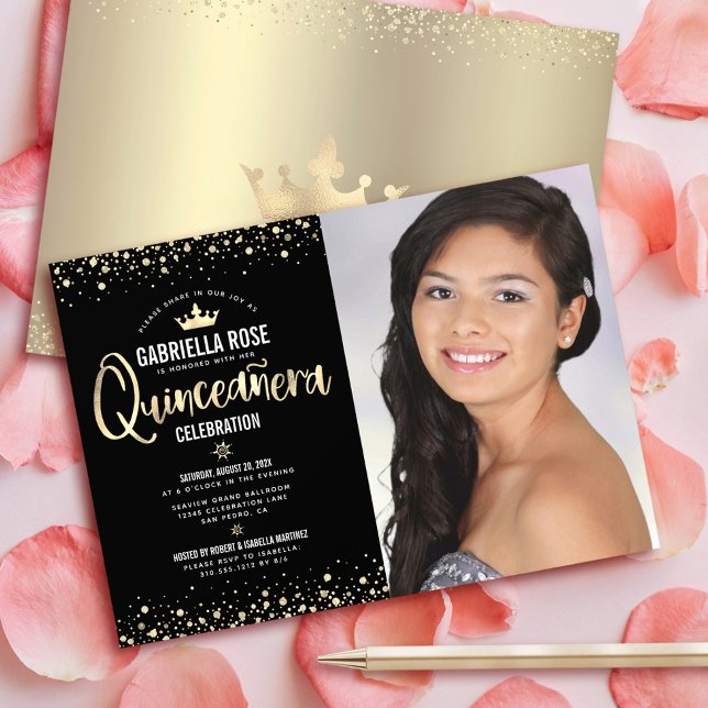 Black Guld Photo Quinceañera Glitter Tiara Girly Inbjudningar (Skapare uppladdad)