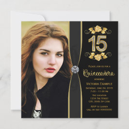 Black Guld Photo Quinceanera Inbjudningar