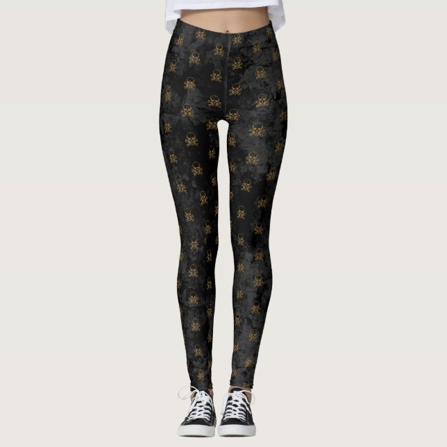 Black Guld Pirat Skull och Bones Mönster Leggings (Framsida)