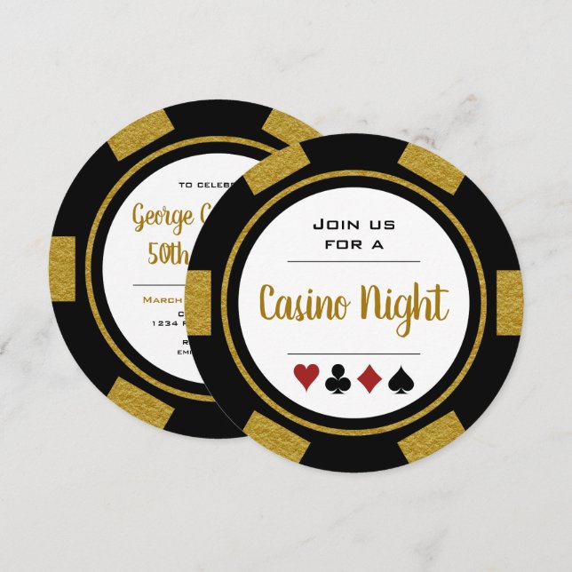 Black Guld Poker Chip Casino Night Birthday Inbjudningar (Fram/baksida)