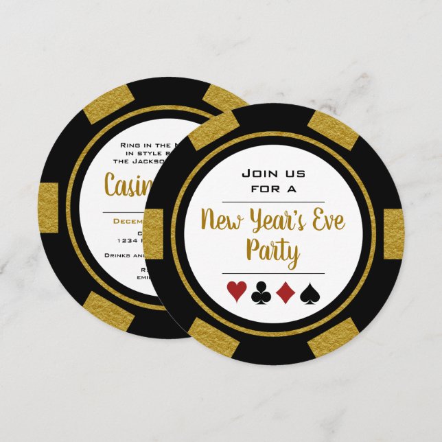 Black Guld Poker Chip Casino Night Nyårsafton Inbjudningar (Fram/baksida)