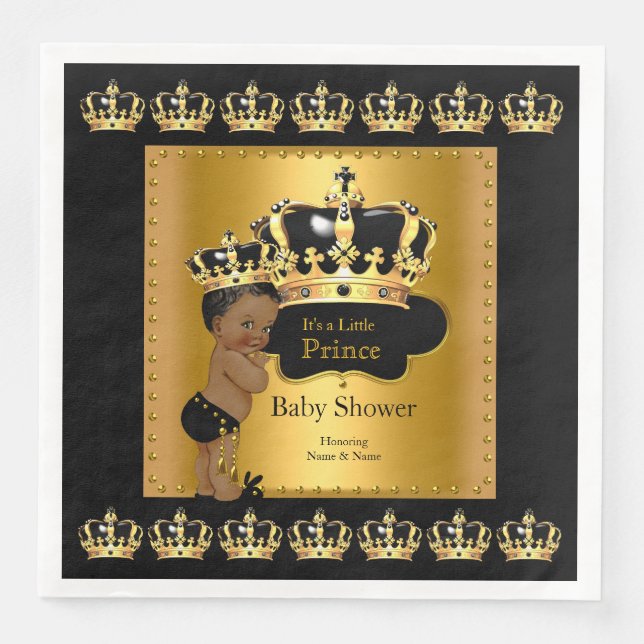 Black Guld Prince Krona Baby Shower Ethnic Pappersservett (Framsida)