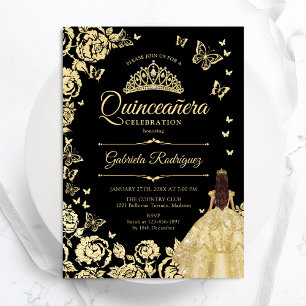 Black Guld Princess Gown Quinceanera Inbjudningar