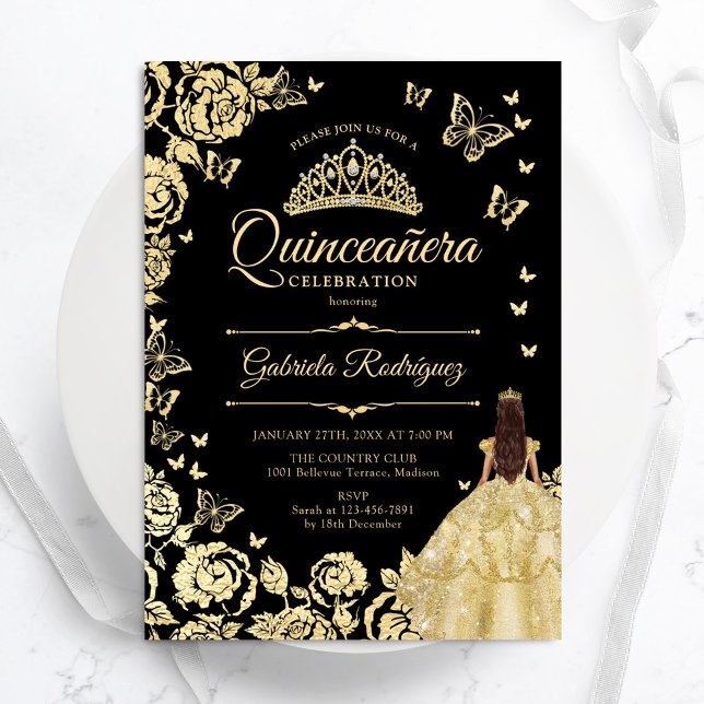 Black Guld Princess Gown Quinceanera Inbjudningar (Skapare uppladdad)
