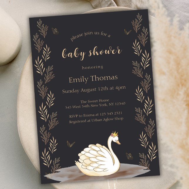 Black Guld Princess Svan Butterfly Baby Shower Inbjudningar (Black Gold Princess Swan Butterfly Baby Shower Invitation)