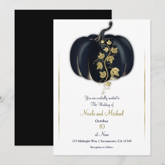 Black & Guld Pumpkin Storybook Fall Wedding Inbjudningar (Fram/baksida)