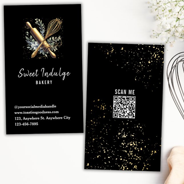 Black Guld QR-kod Baking Utensil Bakery Visitkort (Skapare uppladdad)