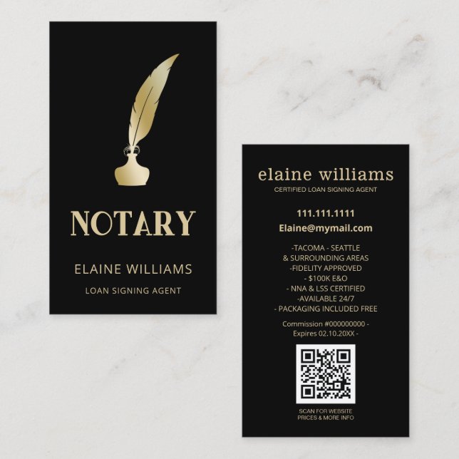 Black Guld QR Notary Loan Signing Agent Visitkort (Fram/baksida)