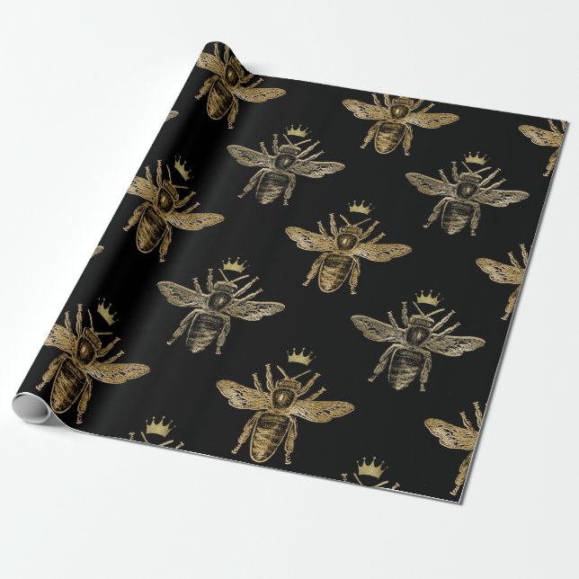 Black & Guld Queen Bee Wrapping Papper Presentpapper (Utrullad)
