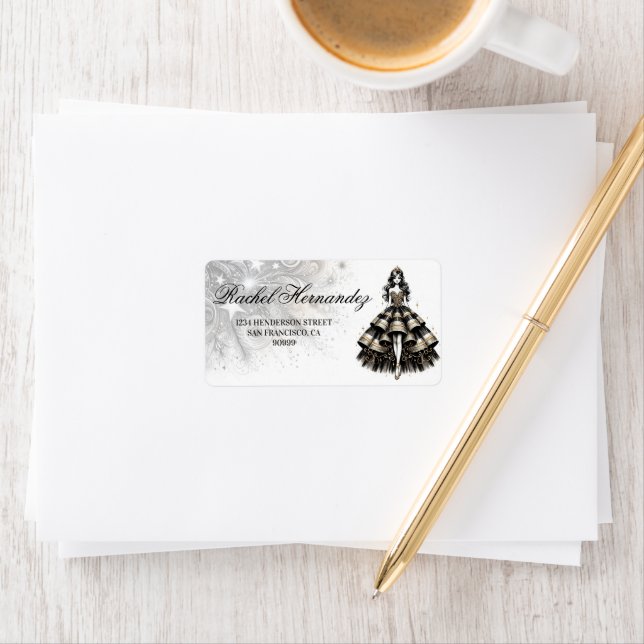 Black & Guld Quinceañera Girl Adressetikett (Insitu)