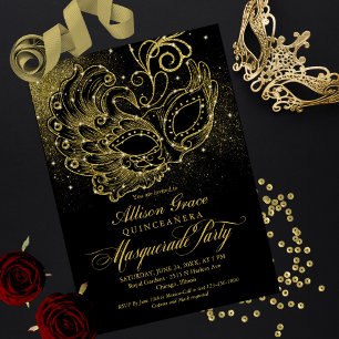 Black Guld Quinceanera Masquuppad-inbjudan