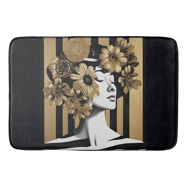 Black Guld Rand Woman Flowers Bath Mat Badrumsmatta (Framsidan)