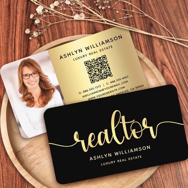 Black Guld Realtor Photo QR Code Broker Agent fold Visitkort (Skapare uppladdad)