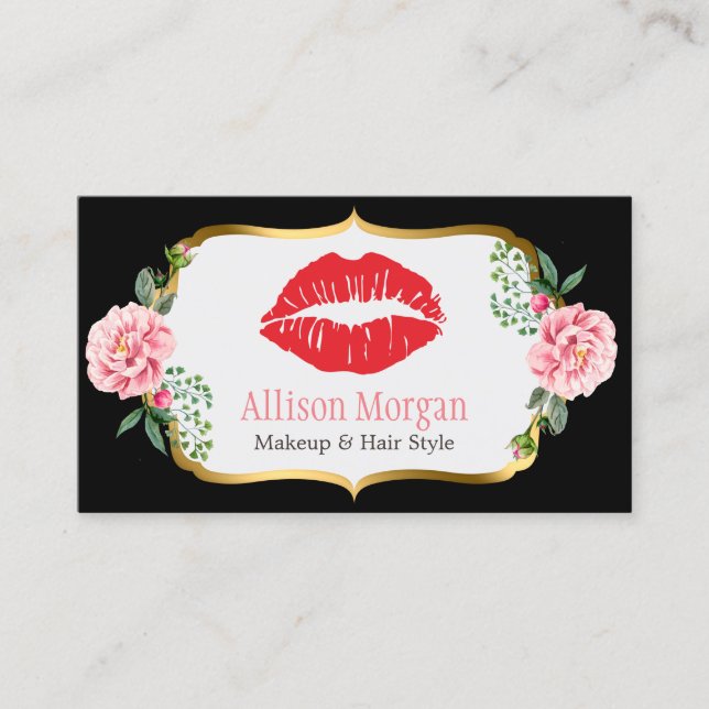 Black Guld Red Läppar Flowers Makeup Artist Beauty Visitkort (Framsida)