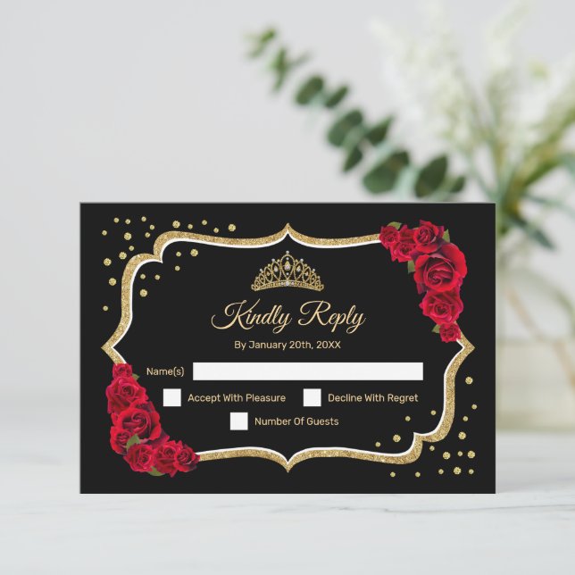 Black Guld Red Quinceanera OSA Kort (Stående Fram)