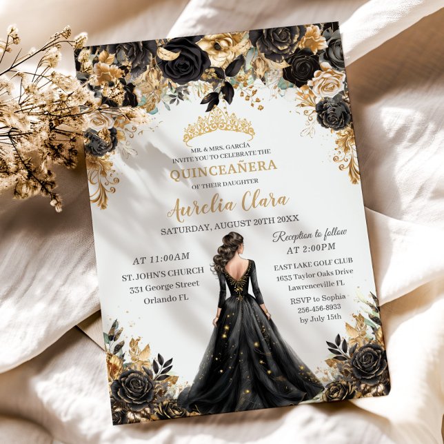 Black Guld Ro Blommigt Princess Dress Quinceañera Inbjudningar (ornate baroque black and gold floral brunette girl black dress quinceanera birthday invitation cards)