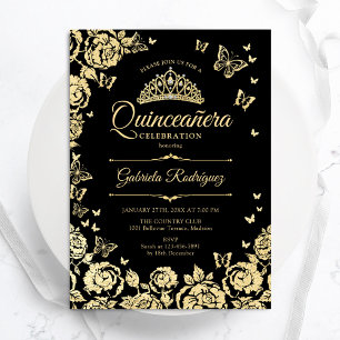 Black Guld Ro Butterflies Quinceanera Inbjudningar