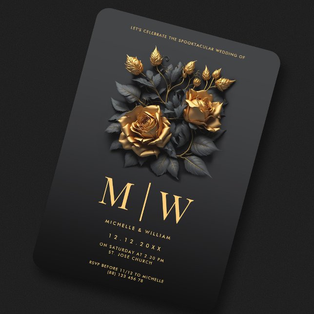 Black Guld Ro QR Gothic Bröllop Inbjudningar (Black Gold Roses QR Gothic Wedding Invitation
)
