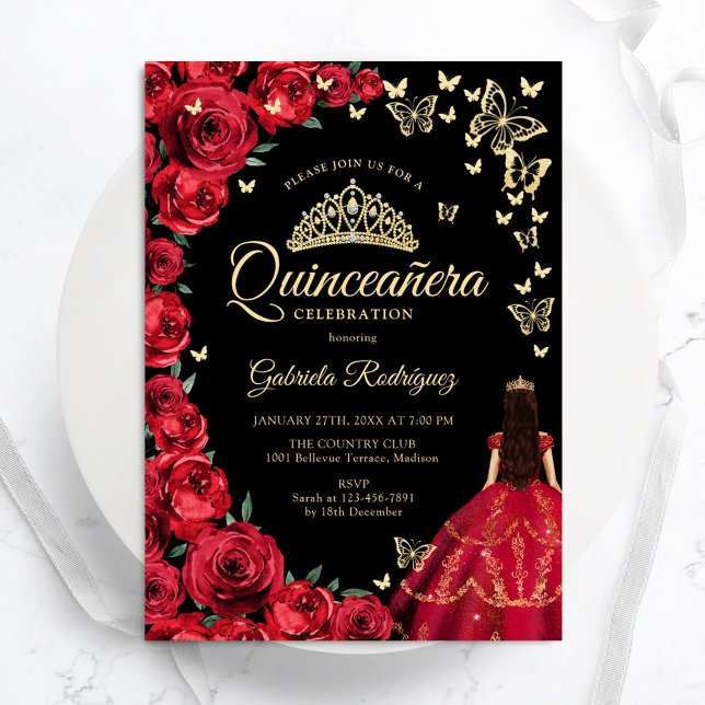Black Guld Röd ros Butterflies Quinceanera Inbjudningar (Skapare uppladdad)