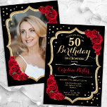 Black Guld Röd ros Photo 50:e födelsedagen Inbjudningar<br><div class="desc">Elegantens blommigt 50-årsinbjudan med ditt foto på baksidan av kortet. Glam svart och röd design med faux glitter guld. Funktioner röd ros, typsnitt för skript och konfiguration. Perfekt för en snyggt vuxen under firande party. Anpassa med dina egna detaljer. Kan anpassas för vilken ålder som helst! Skrivna Zazzle-inbjudningar eller digital...</div>