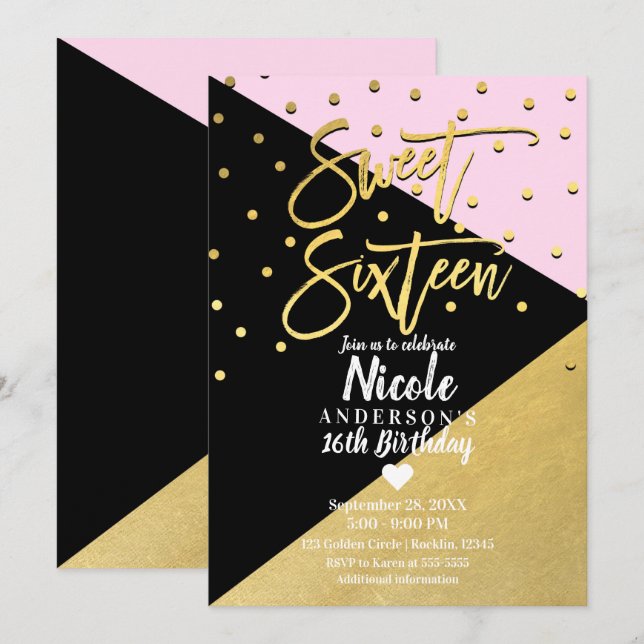 Black Guld & Rosa Modern Script Sweet 16 sexton Inbjudningar (Fram/baksida)