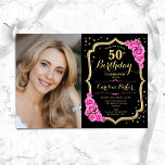 Black Guld Rosa Photo 50:e födelsedagen Inbjudningar<br><div class="desc">Elegantens blommigt 50-årsinbjudan med ditt foto. Glam Black rosa design med faux glitter guld. Funktioner rosa ros, typsnitt för skript och konfiguration. Perfekt för en snyggt vuxen under firande party. Anpassa med dina egna detaljer. Kan anpassas för vilken ålder som helst! Skrivna Zazzle-inbjudningar eller digital utskrivbar mall för omedelbar nedladdning....</div>