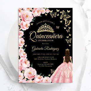 Black Guld Rosa ros Butterflies Quinceanera Inbjudningar