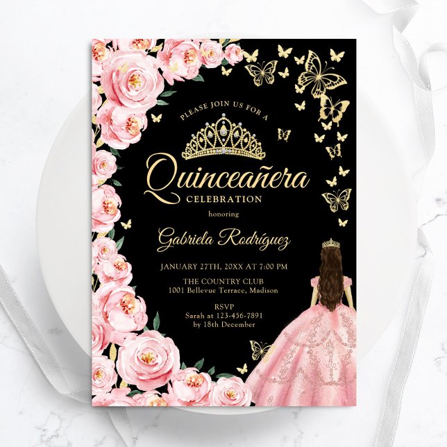 Black Guld Rosa ros Butterflies Quinceanera Inbjudningar (Skapare uppladdad)
