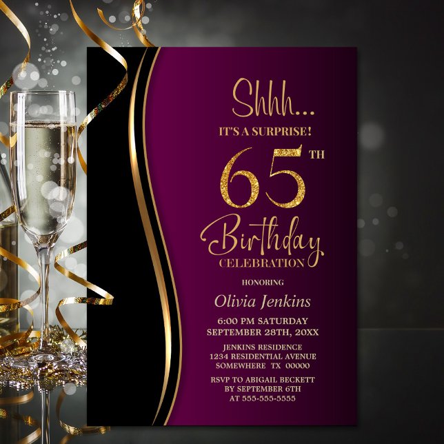 Black Guld Rosa Surprise 65e Birthday Inbjudningar (Skapare uppladdad)