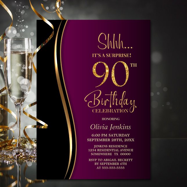 Black Guld Rosa Surprise 90:e Birthday Inbjudningar (Skapare uppladdad)