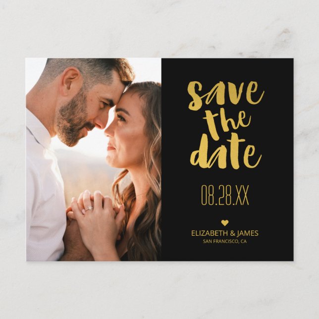 Black Guld Rustic Modern Save Date Photo Vykort (Framsida)