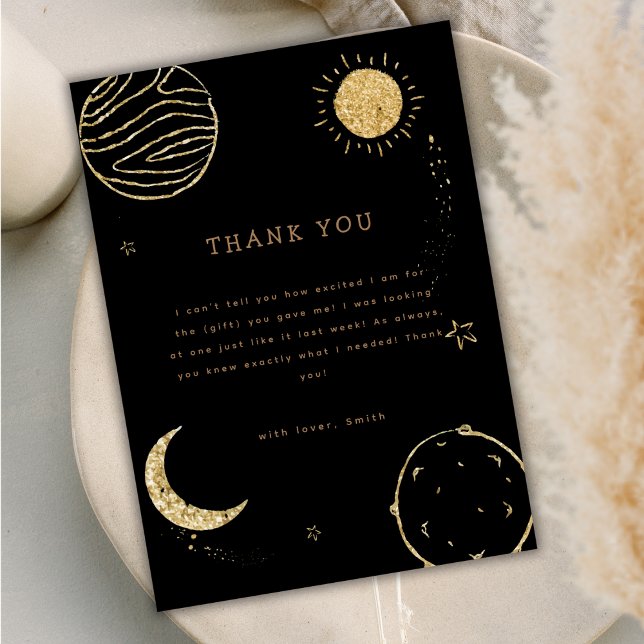 Black Guld Rymden Måne Star Boy Shower för barn i Tack Kort (Black Gold Outer Space Moon Star Boy Baby Shower Thank You Card)