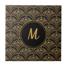 Black Guld Scallop Mönster Art Deco Monogram