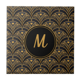 Black Guld Scallop Mönster Art Deco Monogram Kakelplatta