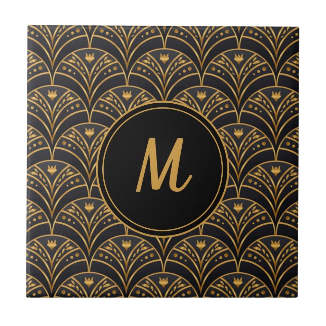 Black Guld Scallop Mönster Art Deco Monogram Kakelplatta (Framsidan)