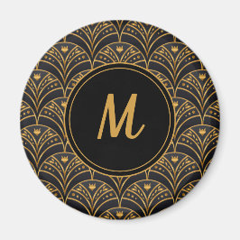 Black Guld Scallop Mönster Art Deco Monogram Magnet