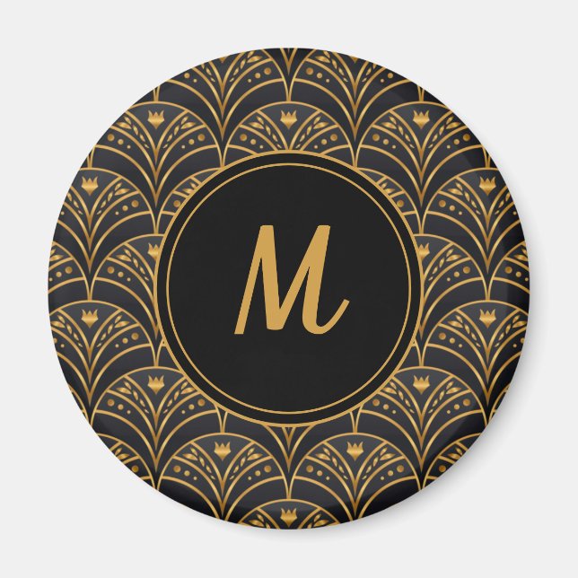 Black Guld Scallop Mönster Art Deco Monogram Magnet (Framsidan)
