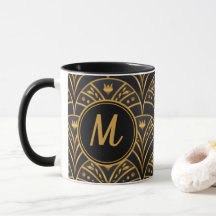 Black Guld Scallop Mönster Art Deco Monogram