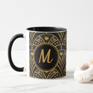 Black Guld Scallop Mönster Art Deco Monogram Mugg